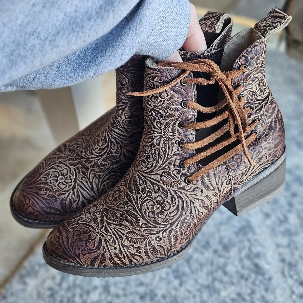 Circle G Tooled Brown Floral Lace-Up Ankle Boots